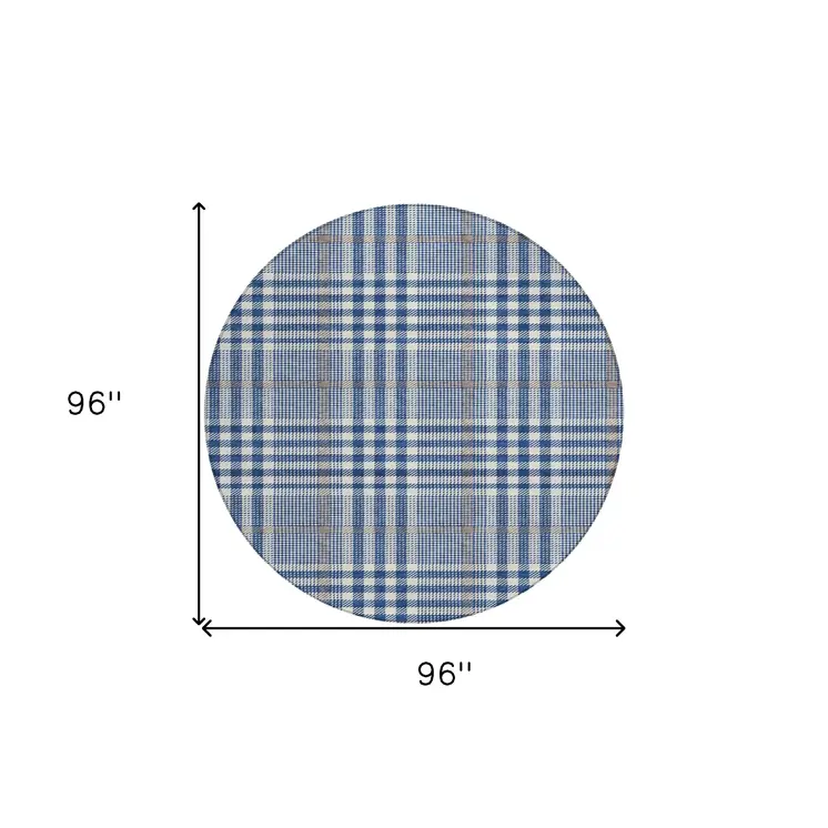 8' Navy Blue Ivory And Brown Round Plaid Washable Indoor Outdoor Area Rug