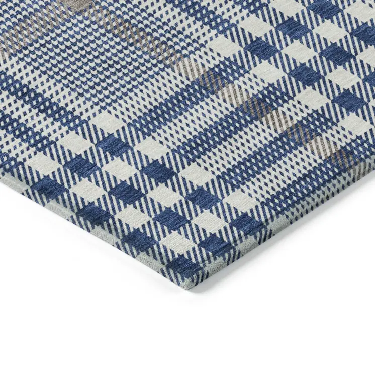 8' X 10' Navy Blue Ivory And Brown Plaid Washable Indoor Outdoor Area Rug
