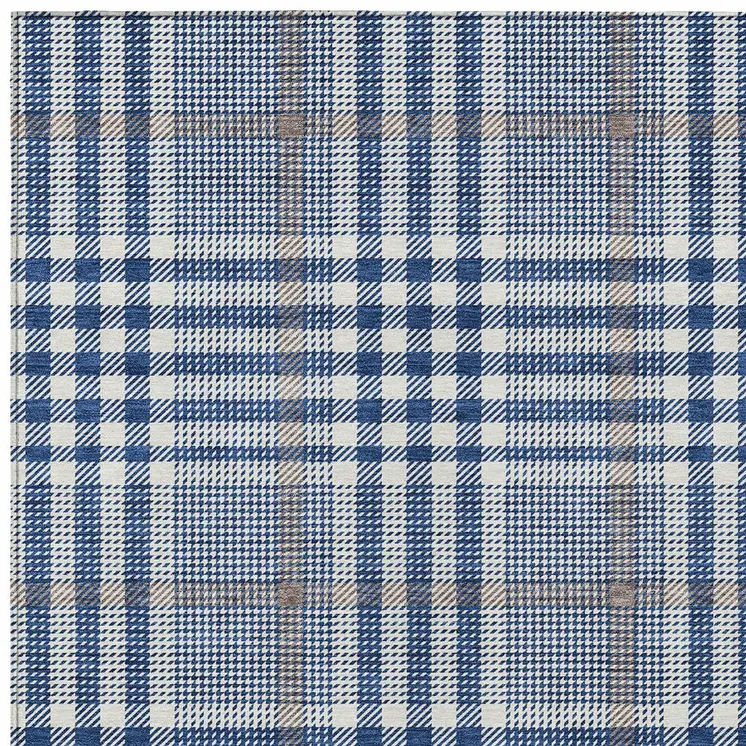 9' X 12' Navy Blue Ivory And Brown Plaid Washable Indoor Outdoor Area Rug