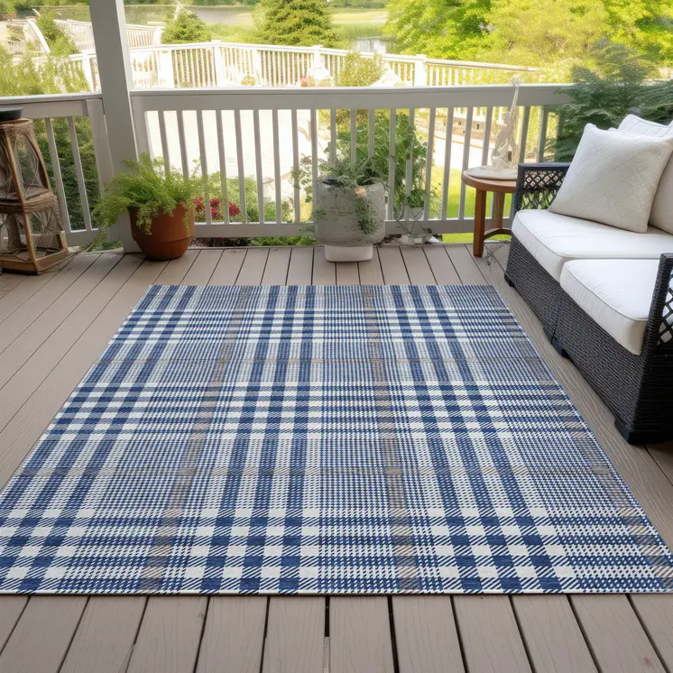 10' X 14' Navy Blue Ivory And Brown Plaid Washable Indoor Outdoor Area Rug