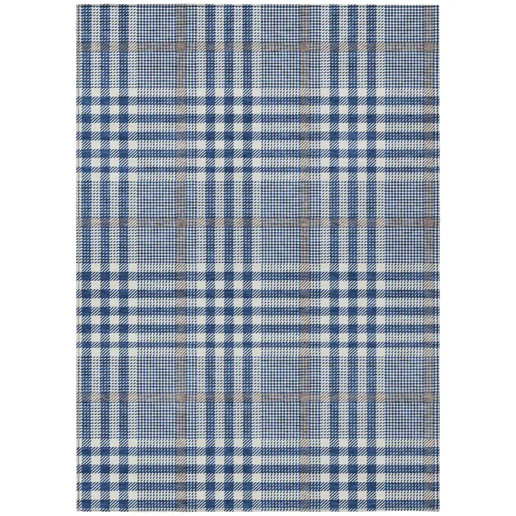 10' X 14' Navy Blue Ivory And Brown Plaid Washable Indoor Outdoor Area Rug