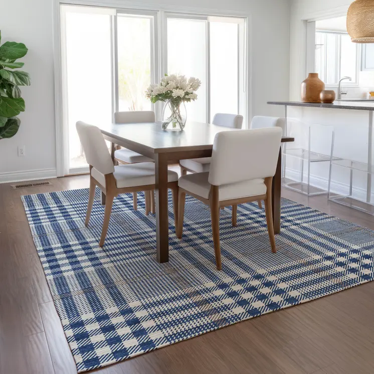 10' X 14' Navy Blue Ivory And Brown Plaid Washable Indoor Outdoor Area Rug