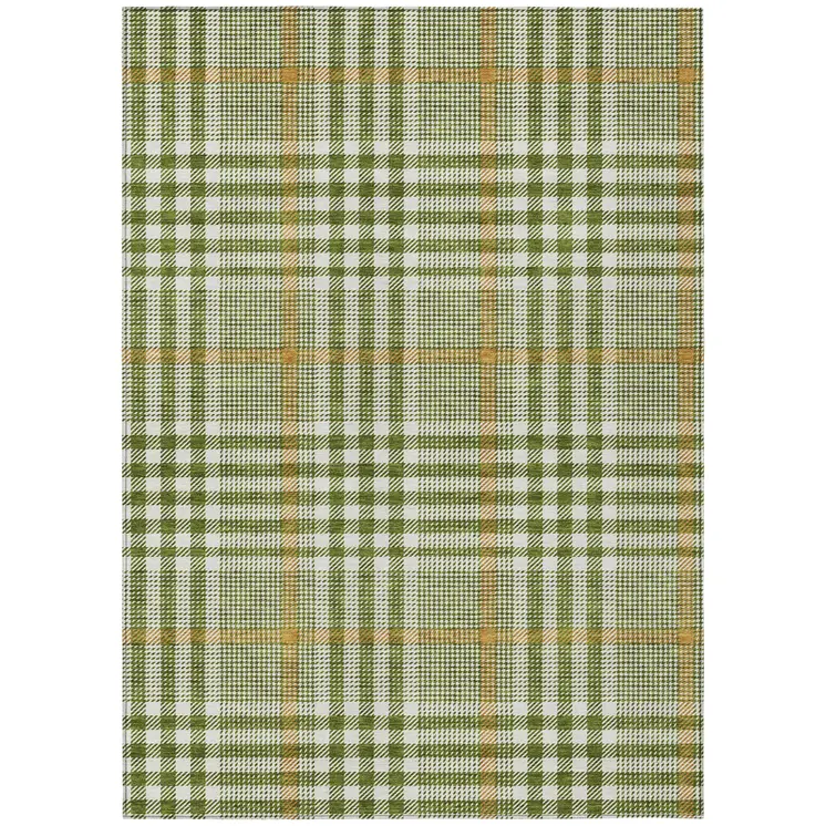 10' X 14' Olive Green Brown And Ivory Plaid Washable Indoor Outdoor Area Rug