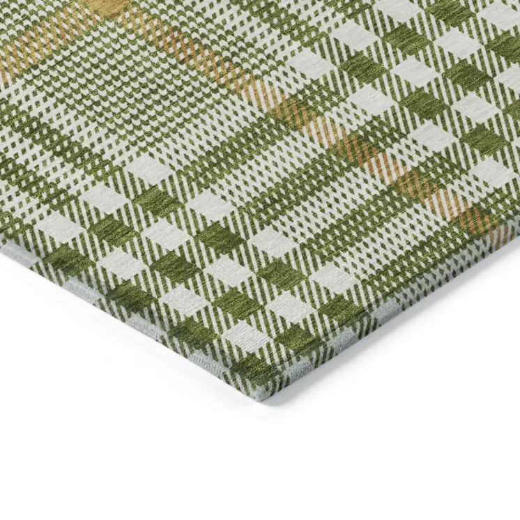 10' X 14' Olive Green Brown And Ivory Plaid Washable Indoor Outdoor Area Rug