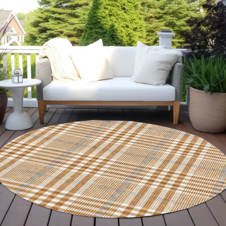 8' Brown Beige And Beige Round Plaid Washable Indoor Outdoor Area Rug