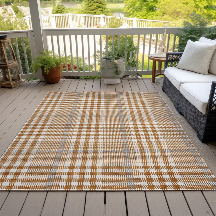 9' X 12' Brown Beige And Beige Plaid Washable Indoor Outdoor Area Rug