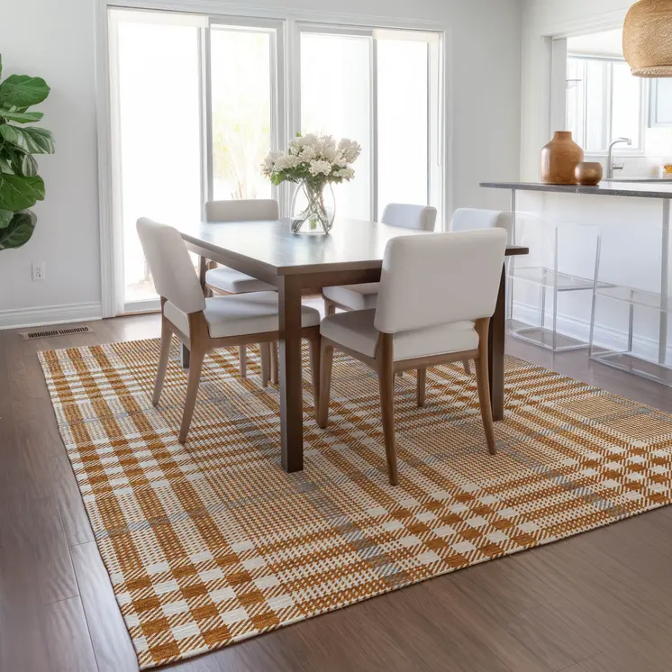 9' X 12' Brown Beige And Beige Plaid Washable Indoor Outdoor Area Rug
