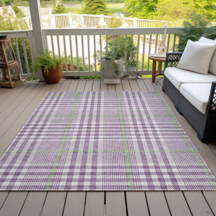 3' X 5' Purple Green And Ivory Plaid Washable Indoor Outdoor Area Rug