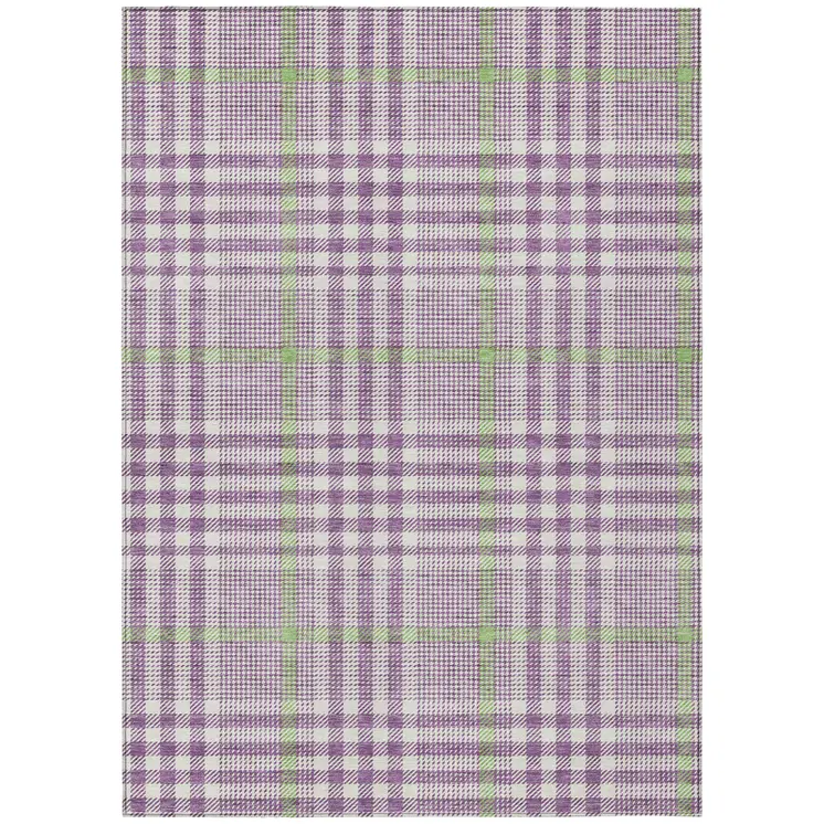 3' X 5' Purple Green And Ivory Plaid Washable Indoor Outdoor Area Rug
