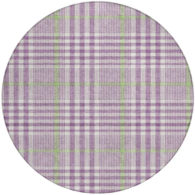 8' Purple Green And Ivory Round Plaid Washable Indoor Outdoor Area Rug