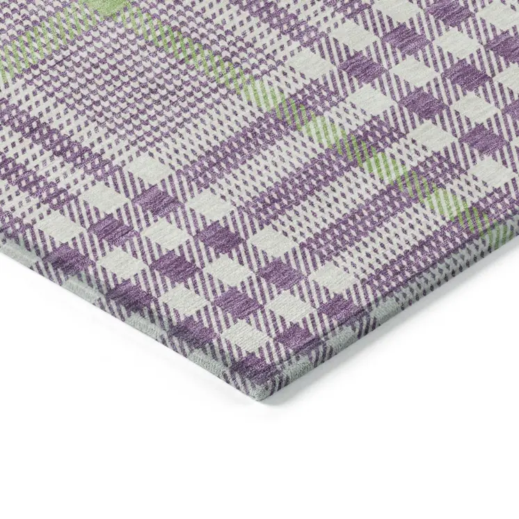 10' X 14' Purple Green And Ivory Plaid Washable Indoor Outdoor Area Rug