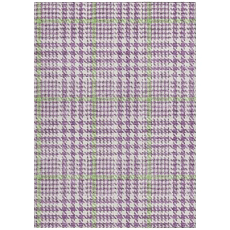 10' X 14' Purple Green And Ivory Plaid Washable Indoor Outdoor Area Rug