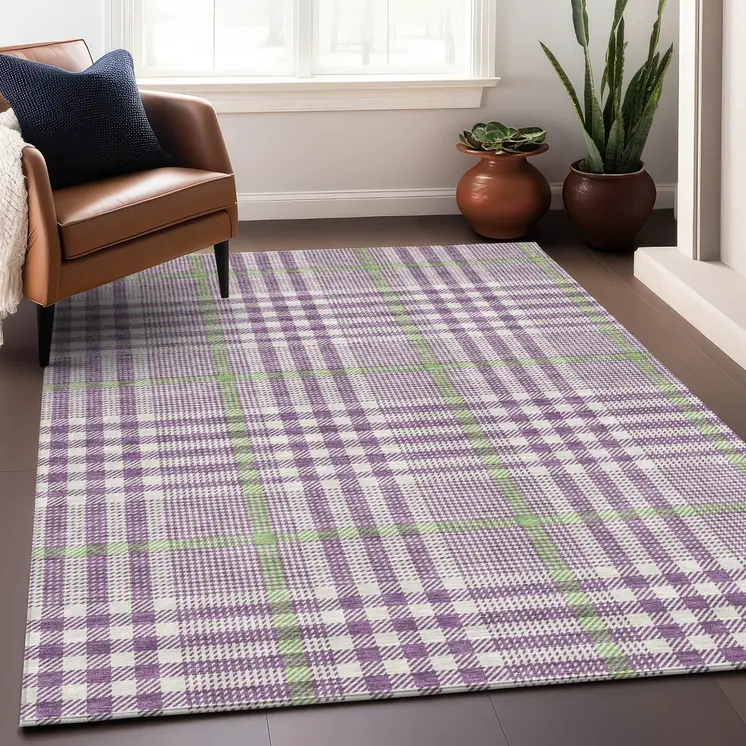 10' X 14' Purple Green And Ivory Plaid Washable Indoor Outdoor Area Rug