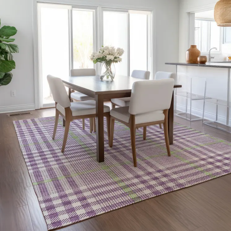 10' X 14' Purple Green And Ivory Plaid Washable Indoor Outdoor Area Rug