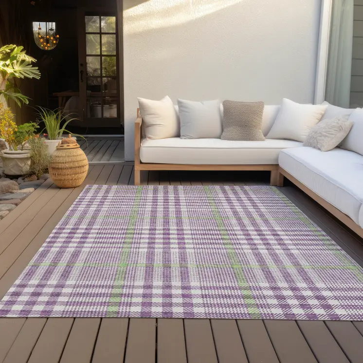 10' X 14' Purple Green And Ivory Plaid Washable Indoor Outdoor Area Rug