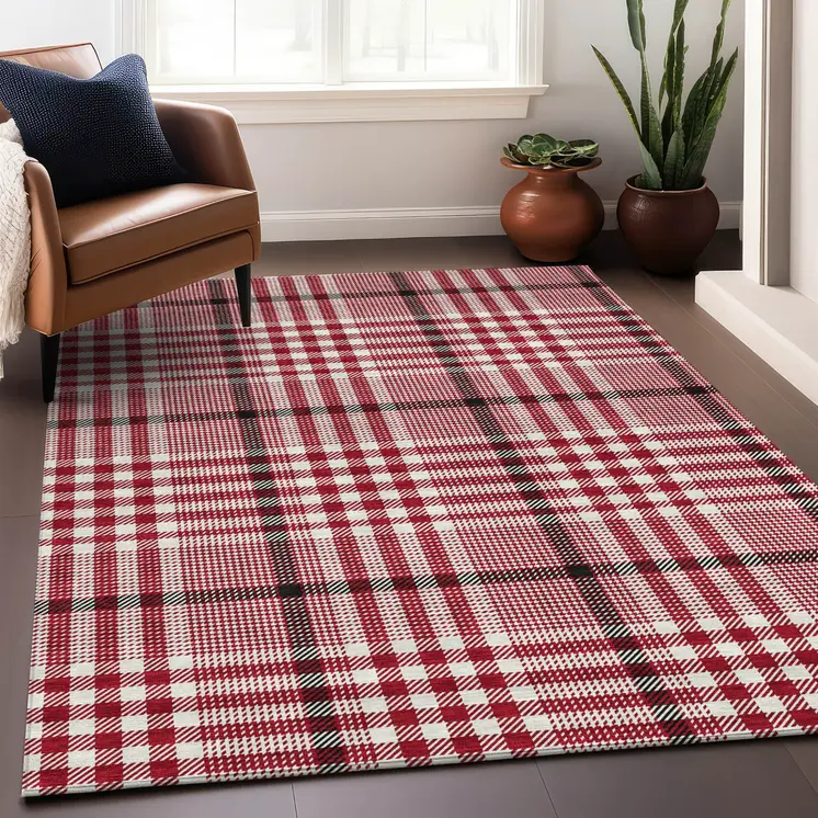 5' X 8' Red Black And Ivory Plaid Washable Indoor Outdoor Area Rug