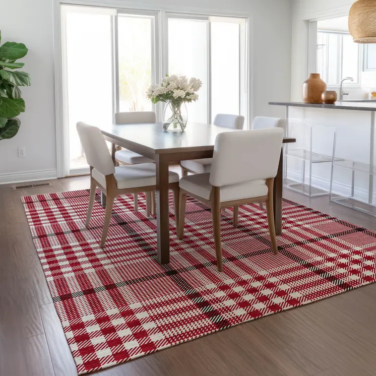 5' X 8' Red Black And Ivory Plaid Washable Indoor Outdoor Area Rug