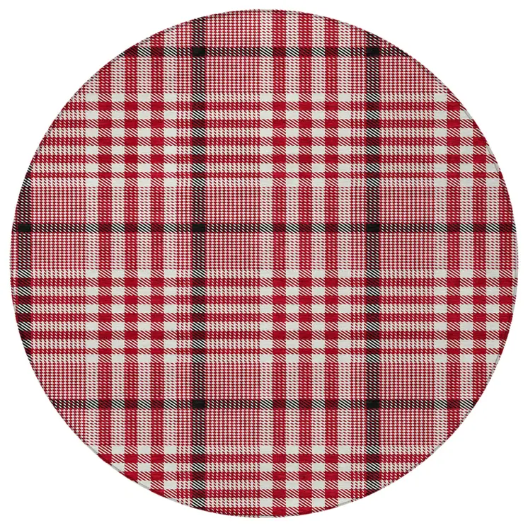 8' Red Black And Ivory Round Plaid Washable Indoor Outdoor Area Rug