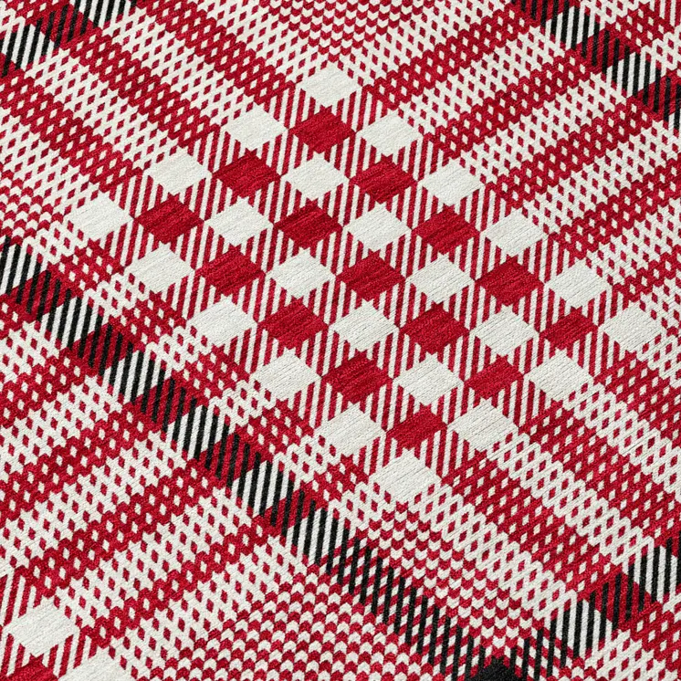 8' Red Black And Ivory Round Plaid Washable Indoor Outdoor Area Rug