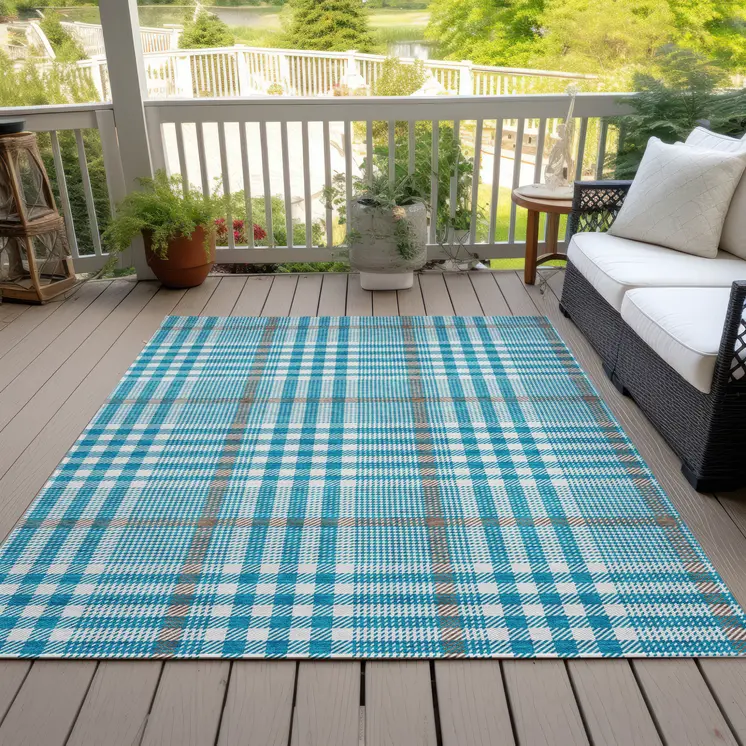 3' X 5' Teal Blue Ivory And Brown Plaid Washable Indoor Outdoor Area Rug