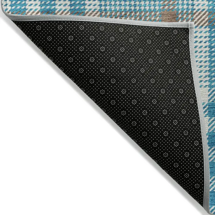 3' X 5' Teal Blue Ivory And Brown Plaid Washable Indoor Outdoor Area Rug