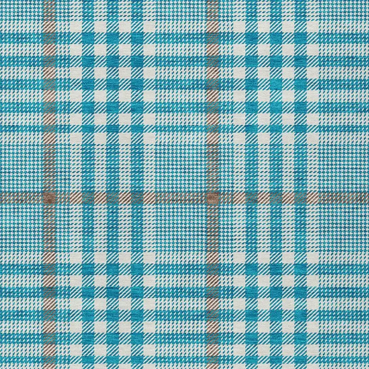 3' X 5' Teal Blue Ivory And Brown Plaid Washable Indoor Outdoor Area Rug