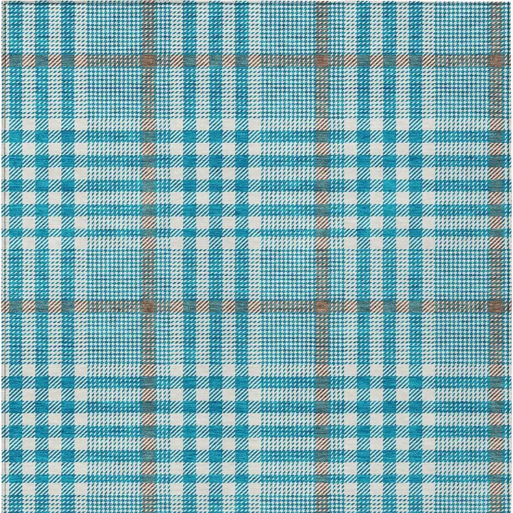 3' X 5' Teal Blue Ivory And Brown Plaid Washable Indoor Outdoor Area Rug