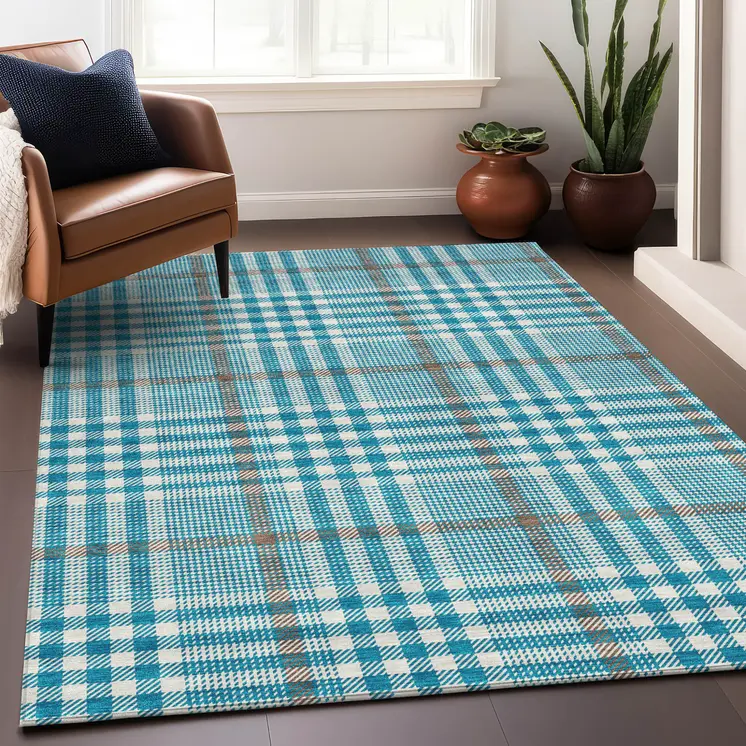3' X 5' Teal Blue Ivory And Brown Plaid Washable Indoor Outdoor Area Rug