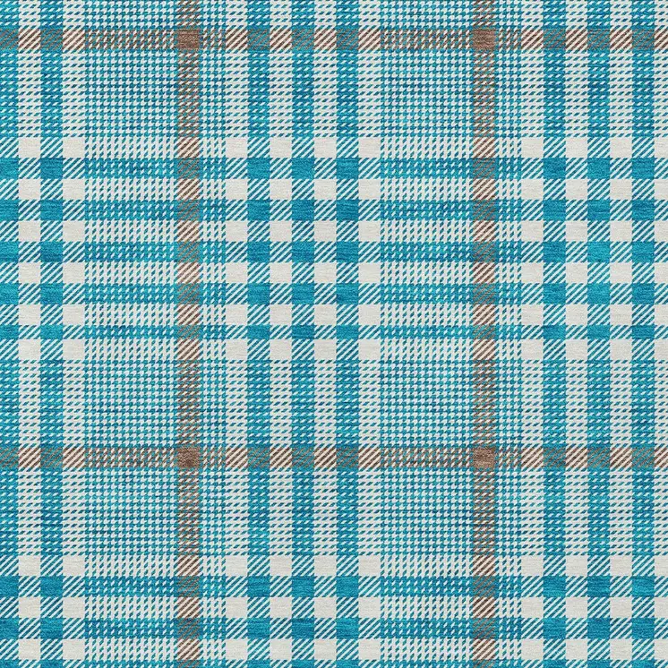 5' X 8' Teal Blue Ivory And Brown Plaid Washable Indoor Outdoor Area Rug