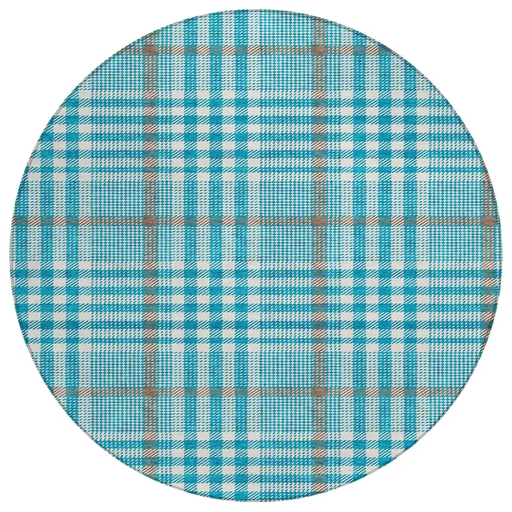8' Teal Blue Ivory And Brown Round Plaid Washable Indoor Outdoor Area Rug