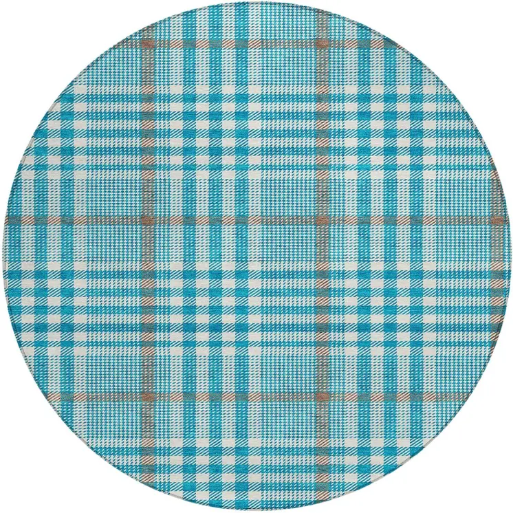 8' Teal Blue Ivory And Brown Round Plaid Washable Indoor Outdoor Area Rug