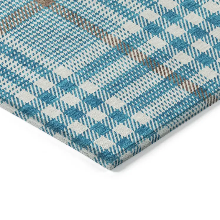 8' X 10' Teal Blue Ivory And Brown Plaid Washable Indoor Outdoor Area Rug