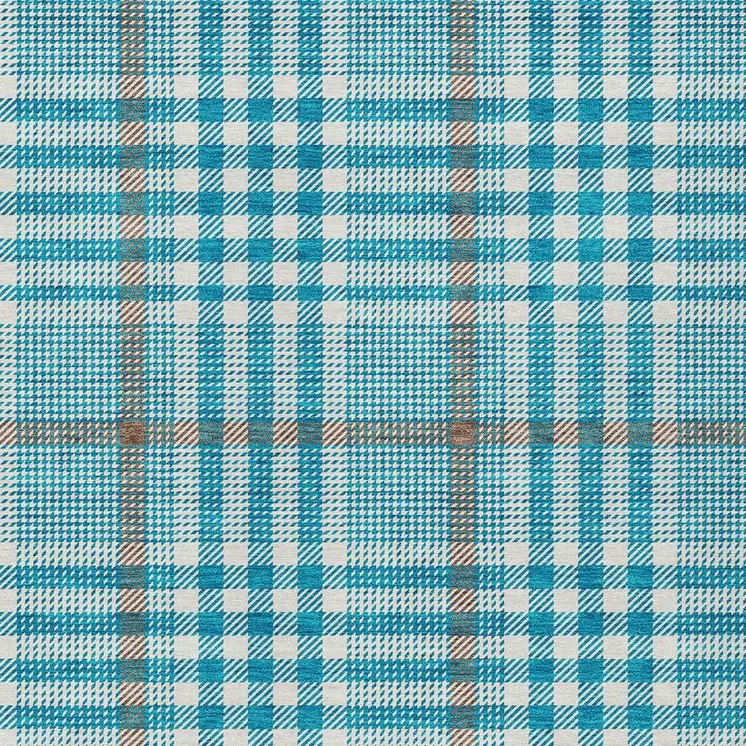 9' X 12' Teal Blue Ivory And Brown Plaid Washable Indoor Outdoor Area Rug