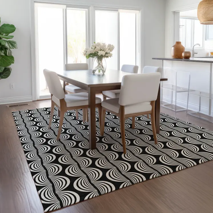3' X 5' Black And Ivory Ogee Washable Indoor Outdoor Area Rug