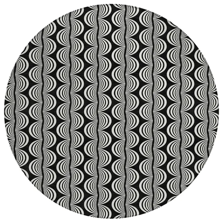 8' Black And Ivory Round Ogee Washable Indoor Outdoor Area Rug