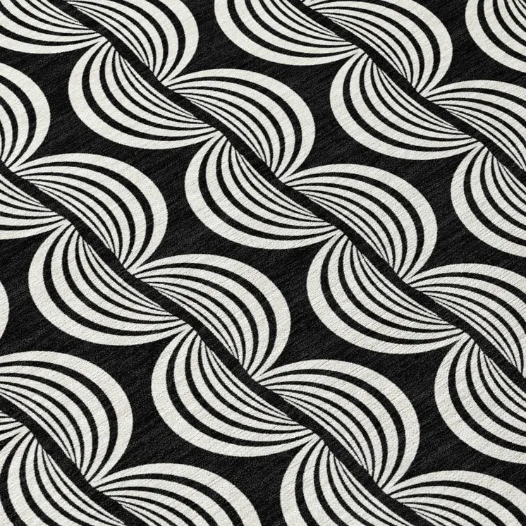 8' Black And Ivory Round Ogee Washable Indoor Outdoor Area Rug