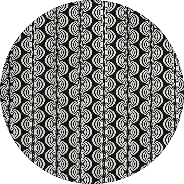 8' Black And Ivory Round Ogee Washable Indoor Outdoor Area Rug