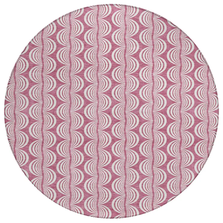 8' Blush And Beige Round Ogee Washable Indoor Outdoor Area Rug