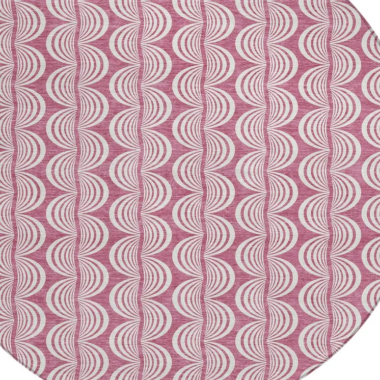 8' Blush And Beige Round Ogee Washable Indoor Outdoor Area Rug