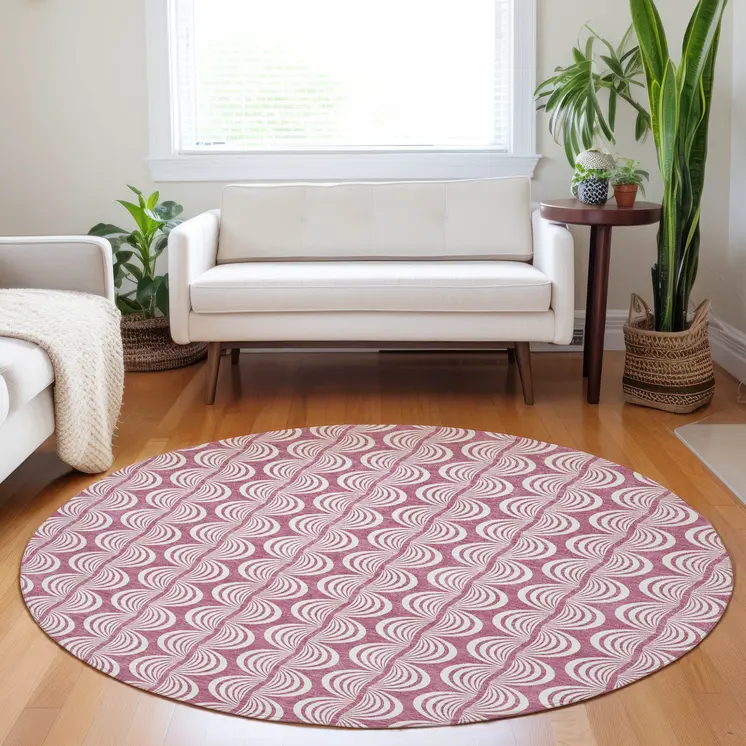 8' Blush And Beige Round Ogee Washable Indoor Outdoor Area Rug