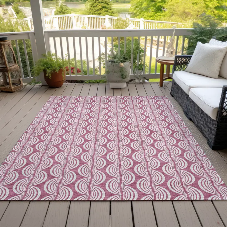 9' X 12' Blush And Beige Ogee Washable Indoor Outdoor Area Rug