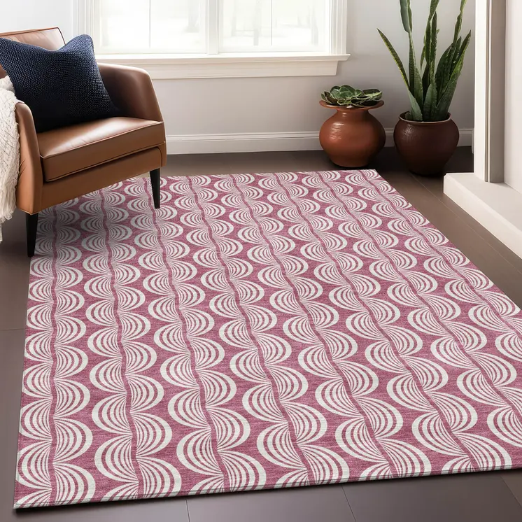 9' X 12' Blush And Beige Ogee Washable Indoor Outdoor Area Rug