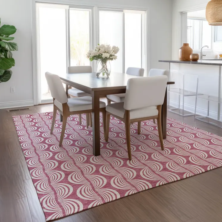 9' X 12' Blush And Beige Ogee Washable Indoor Outdoor Area Rug