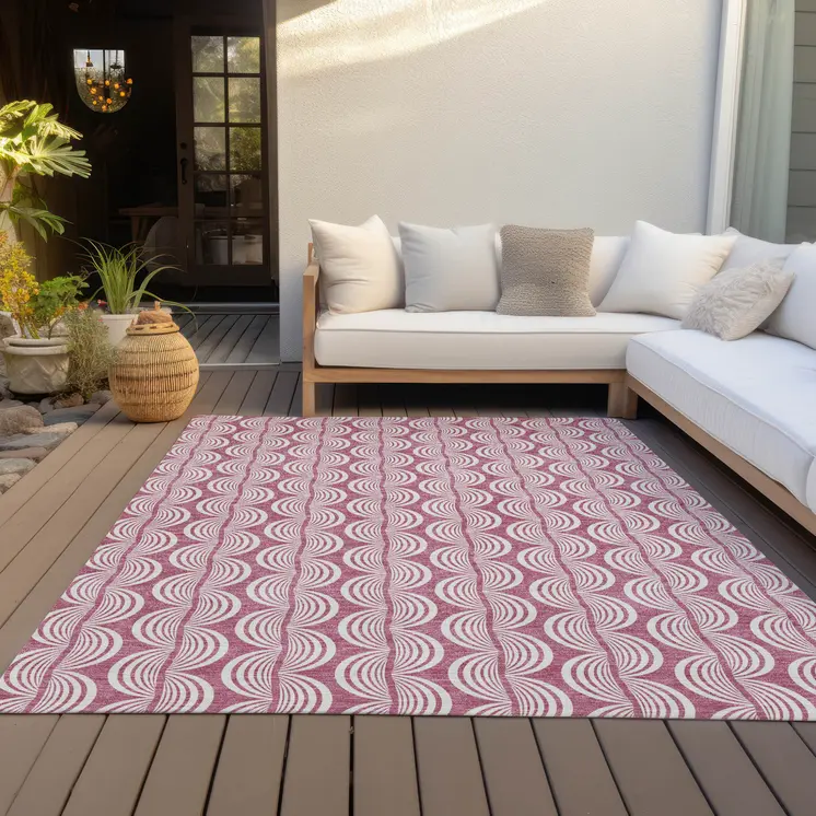 9' X 12' Blush And Beige Ogee Washable Indoor Outdoor Area Rug