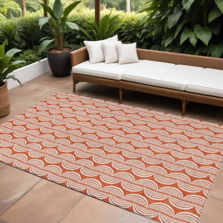 8' X 10' Coral And Beige Ogee Washable Indoor Outdoor Area Rug