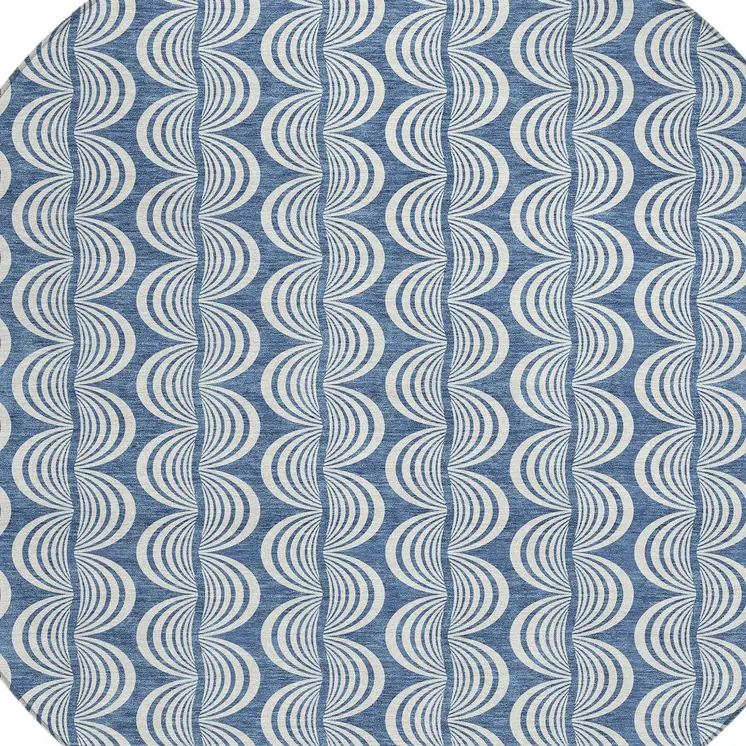 8' Denim Blue And Ivory Round Ogee Washable Indoor Outdoor Area Rug