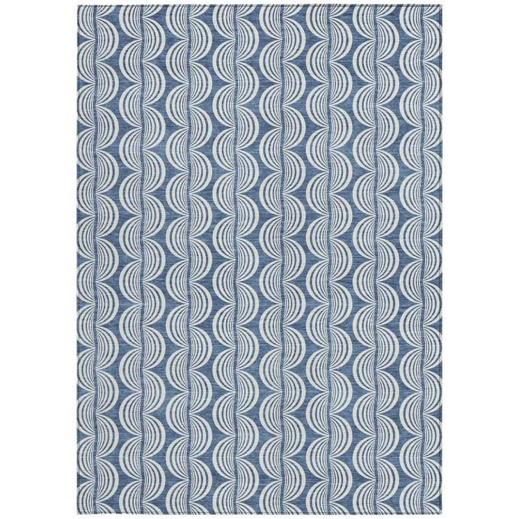9' X 12' Denim Blue And Ivory Ogee Washable Indoor Outdoor Area Rug