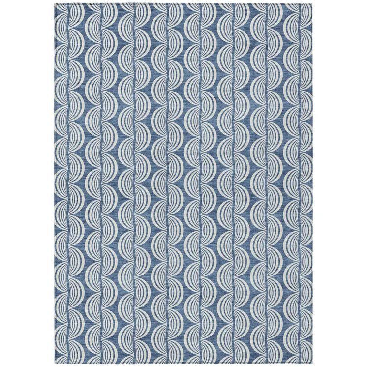 9' X 12' Denim Blue And Ivory Ogee Washable Indoor Outdoor Area Rug