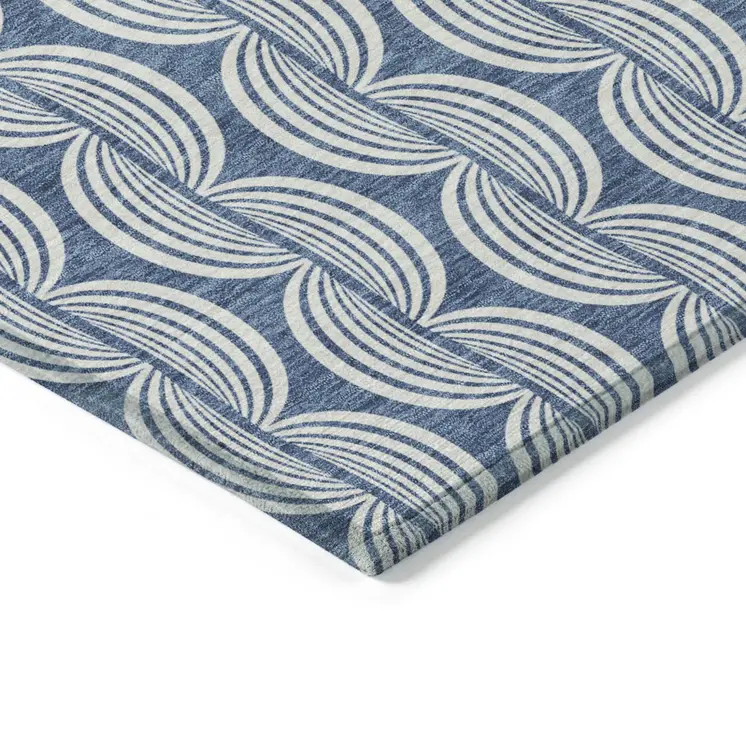 9' X 12' Denim Blue And Ivory Ogee Washable Indoor Outdoor Area Rug