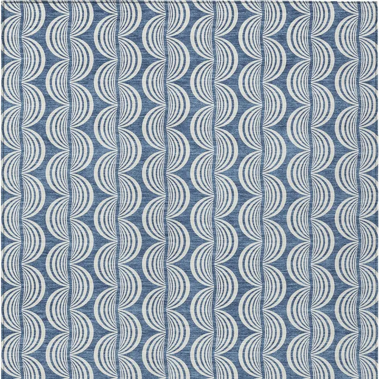 9' X 12' Denim Blue And Ivory Ogee Washable Indoor Outdoor Area Rug